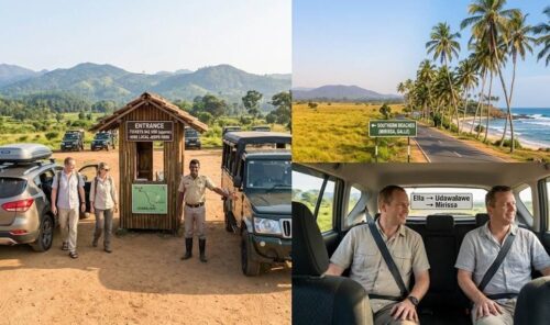 A side-by-side composite photograph illustrating travel logistics for Udawalawe. The left panel shows the park entrance, where Western tourists meet a local safari driver next to an information board displaying ticket prices and a map. The right panel follows the tourists in a private car journey from Ella to the Southern beaches, with a small route card visible. The two scenes are joined seamlessly in a panoramic split, set under a bright afternoon sun. No text is visible in the image.